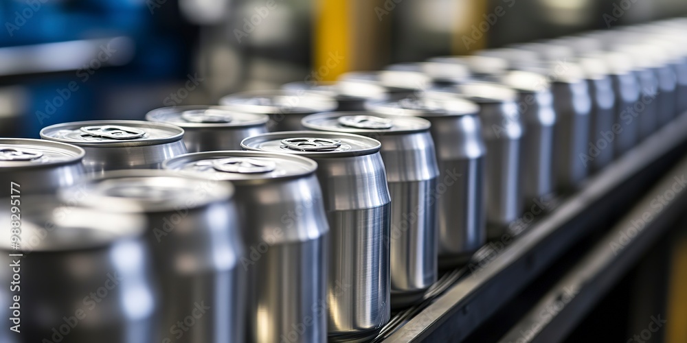 New aluminum cans moving along the conveyor belt in a beverage manufacturing factory. Represents the food and beverage industrial business. New aluminum cans moving along the conveyor belt in a beverage manufacturing factory. Represents the food and beverage industrial business.
