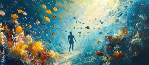 Painting depicting underwater walking amidst a tropical school of fish on the seabed photo