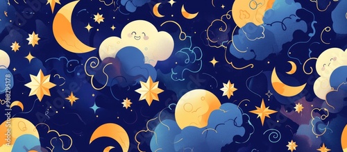 Vector illustration of a whimsical pattern featuring adorable stars moons and clouds Ideal for a nighttime nursery theme photo