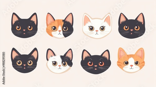 Vector illustration of adorable cartoon cat head characters set against a plain background