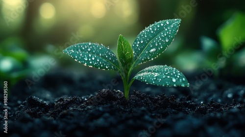 A young plant emerging from soil, glistening with dew drops.