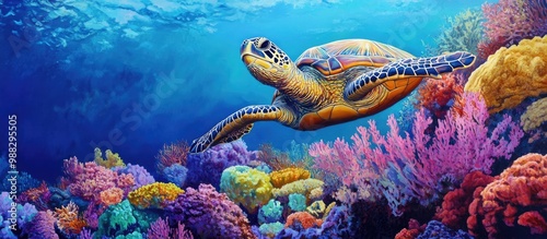 Underwater painting of a turtle resting among vibrant coral formations photo