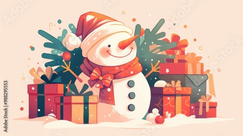 Flat illustrations featuring a cheerful snowman and gifts designed for a festive card