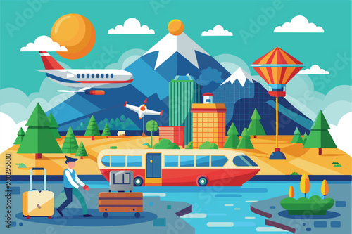 A traveler moves luggage to a bus near water, with mountains, an airplane, and colorful attractions in a vibrant landscape under a sunny sky.