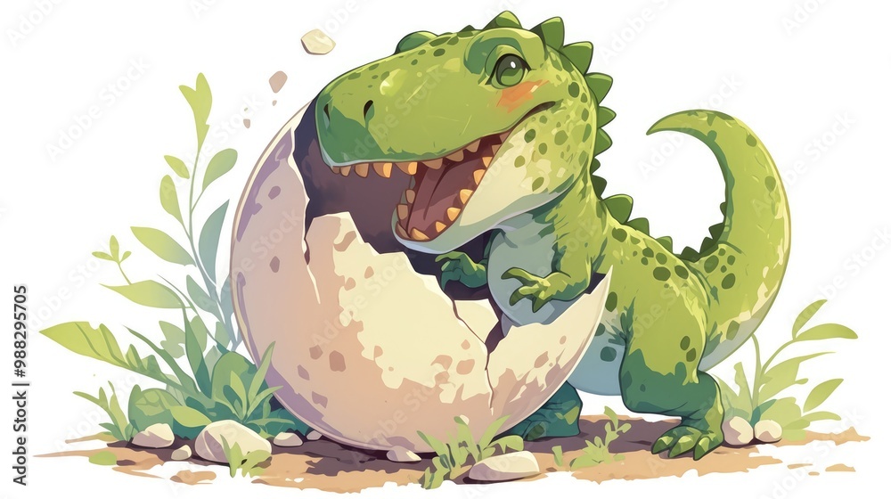 Fototapeta premium Illustration of an adorable dinosaur emerging from an egg set against a white background Ideal for printing coloring books and greeting cards