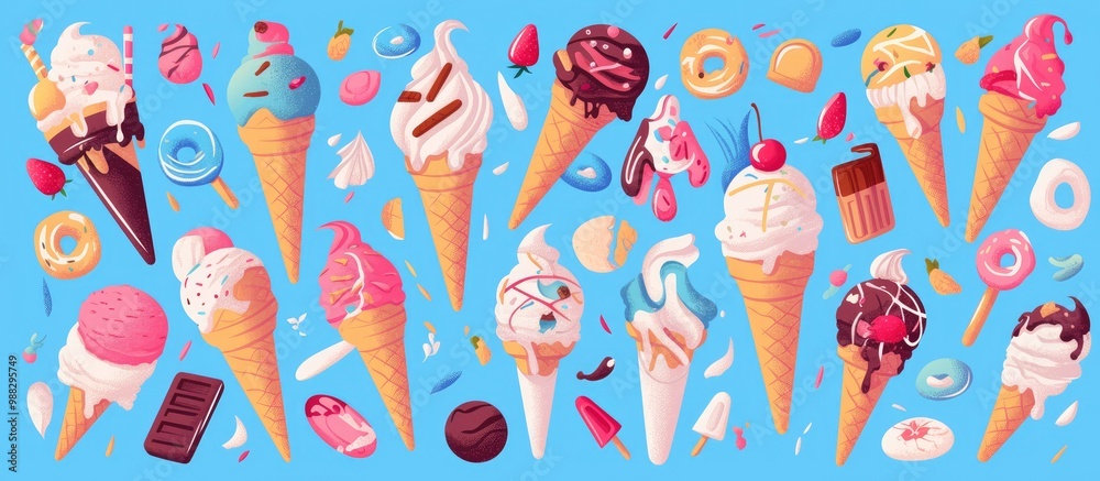 Ice cream collection artwork with cone backdrop ideal for baby and kids wallpaper and textiles Vector illustration for summer themed design Ice cream collection artwork with cone backdrop ideal for baby and kids wallpaper and textiles Vector illustration for summer themed design