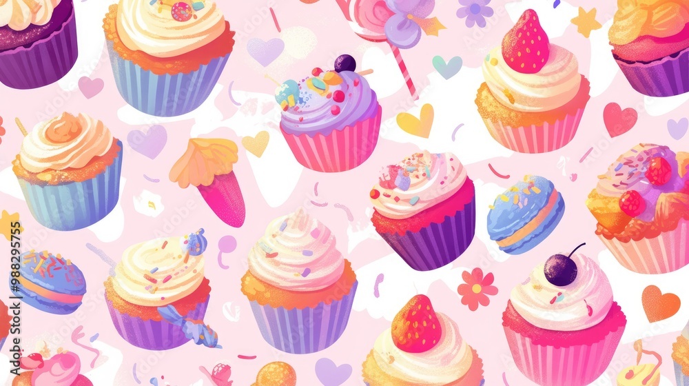 Cupcake pattern illustration in a colorful painting style Vector design