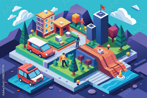 A colorful isometric illustration showcases a lively urban environment featuring different buildings, vehicles, and people interacting in the landscape.