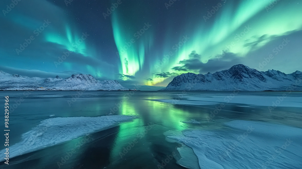 beautiful aurora borealis northern lights with mountain and snow background