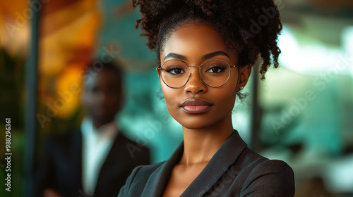 Confident African American Businesswoman in Professional Attire, Standing in Modern Office Setting, Empowerment and Leadership Theme