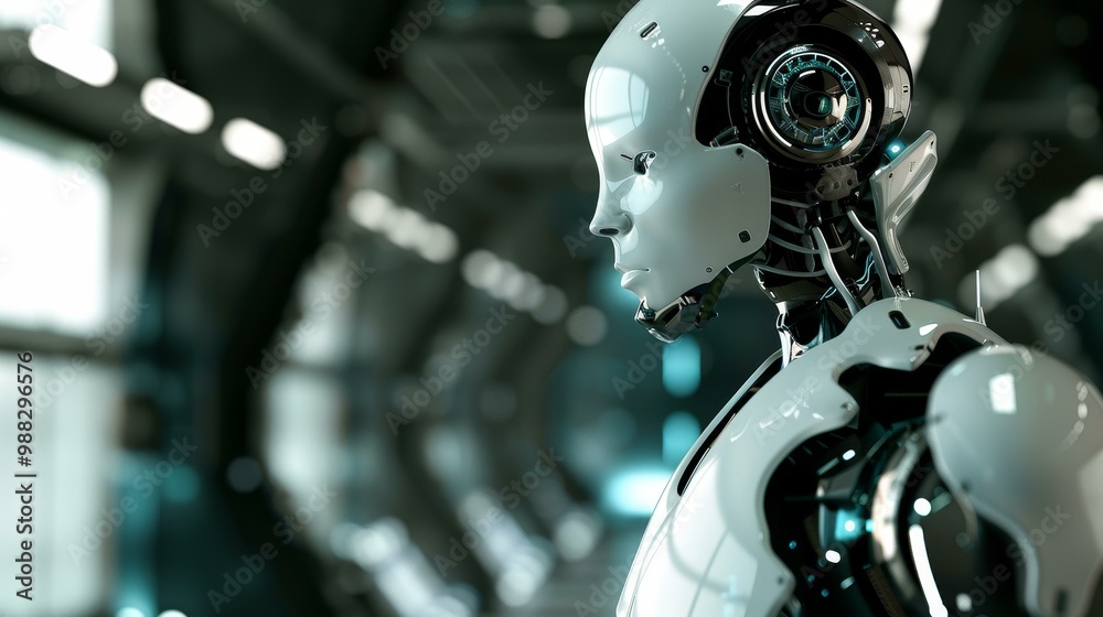 Fototapeta premium An AI themed android robot in a digital cyberspace setting