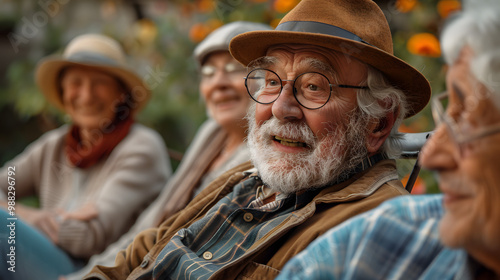 Senior man gets offended when friends make a joke about him. Happy old people having fun at a retirement home. Group of elderly men and women sitting in a circle and laughing at the