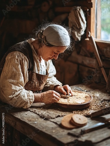 Members of a close-knit community practice traditional crafts, highlighting their skills and cultural heritage in a charming workshop. photo