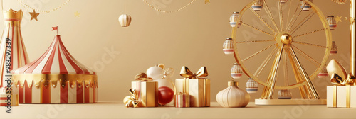 A festive scene featuring whimsical carnival with striped tent, golden Ferris wheel, and beautifully wrapped gift boxes adorned with bows. warm colors and playful elements evoke joyful celebration