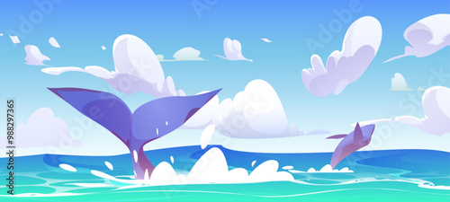 Whales diving and splashing in water. Vector cartoon illustration of giant marine mammals swimming in ocean, tale and fins above waves, fluffy clouds in blue sunny sky, aquatic wildlife animals
