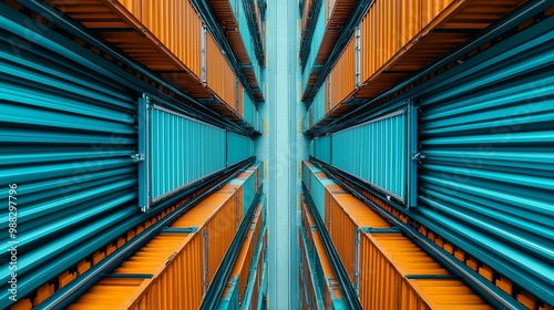 An abstract perspective of colorful shipping containers arranged in parallel lines, creating a striking visual depth and symmetry. photo