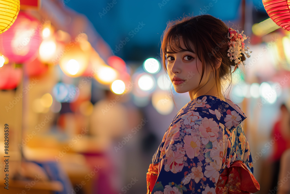 A Japanese woman in a kimono walks down the street, enjoying a summer festival in a yukata. A Japanese woman in a kimono walks down the street, enjoying a summer festival in a yukata.