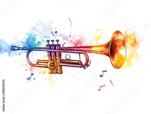 A trumpet emitting bright musical notes, jazz instrument, dynamic illustration, isolated on white background