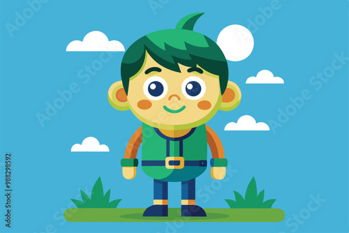 A bright and cheerful cartoon character stands in a sunny park surrounded by green grass and fluffy clouds, exuding a friendly and playful vibe.
