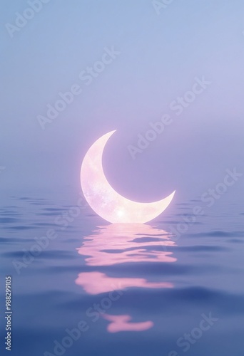 A serene, surreal scene of a glowing crescent moon emerging from a calm, reflective ocean photo