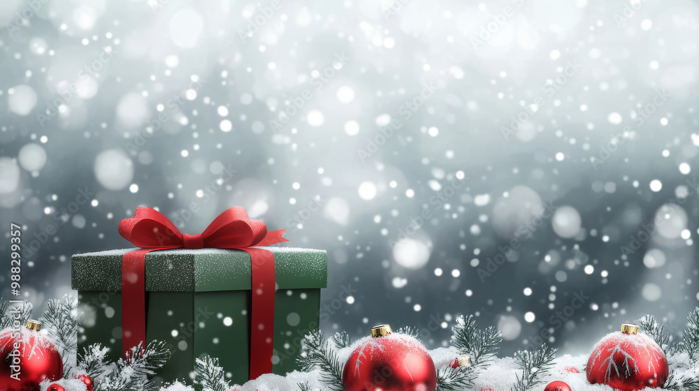 A beautifully wrapped green gift box with red ribbon sits amidst festive decorations, surrounded by red ornaments and snowflakes, creating joyful holiday atmosphere A beautifully wrapped green gift box with red ribbon sits amidst festive decorations, surrounded by red ornaments and snowflakes, creating joyful holiday atmosphere