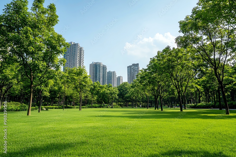 A lush green park with tall trees and modern buildings in the background under a clear blue sky. A lush green park with tall trees and modern buildings in the background under a clear blue sky.