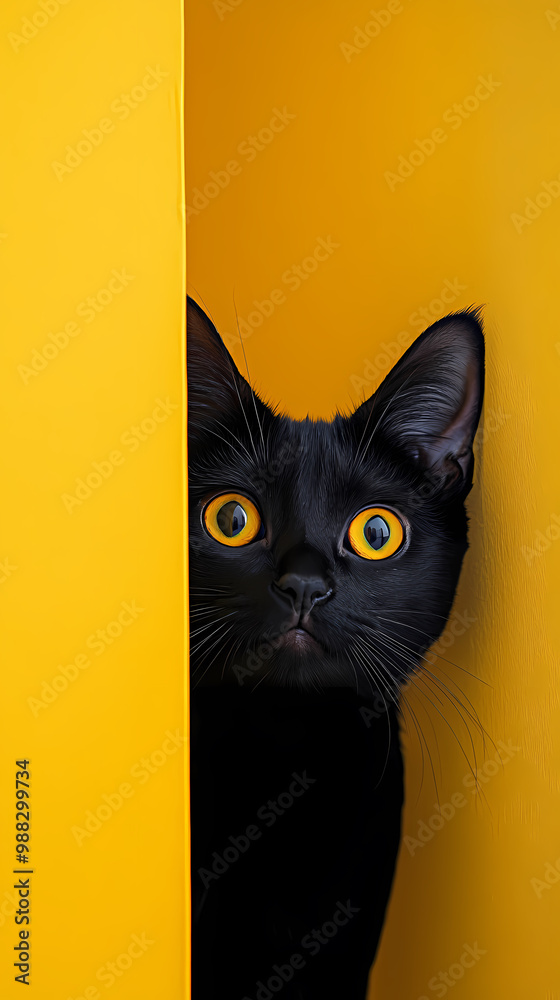 Black cat staring at bright yellow background Black cat staring at bright yellow background