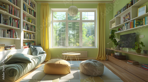 Spacious interior of teenager room. Interior of modern, spacious, bright and cozy room for schoolchild and which is suitable for both boy and girl. Room with large windows, bookshel photo