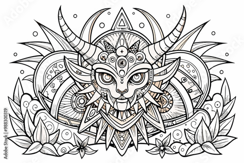 An elaborate mandala design showcasing a stylized animal face, adorned with patterns and surrounded by decorative floral elements for coloring.