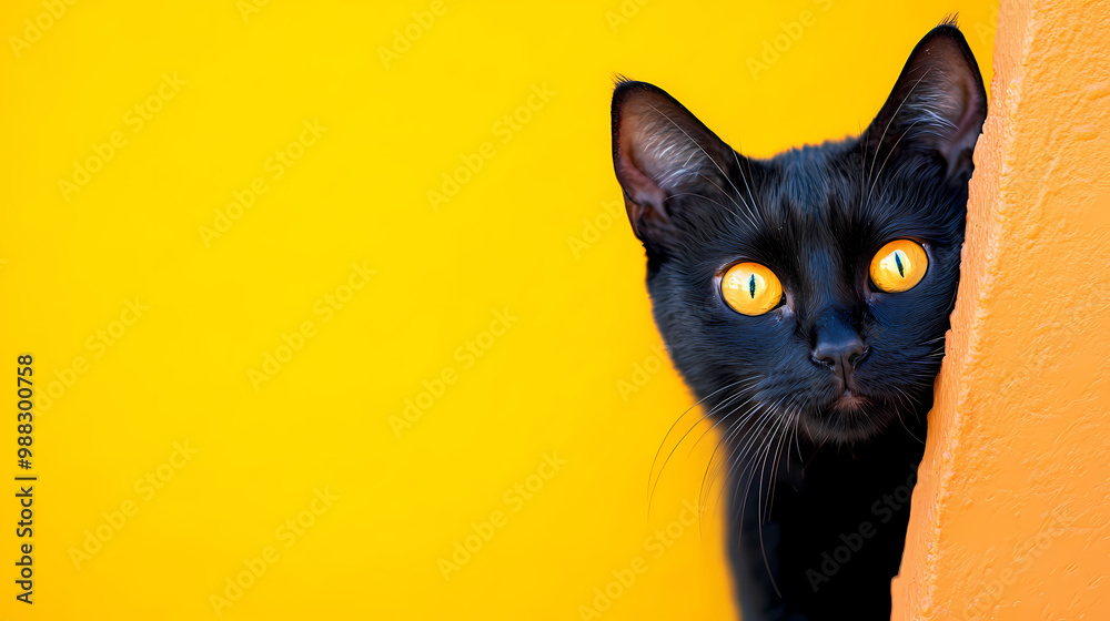 Black cat staring at bright yellow background Black cat staring at bright yellow background