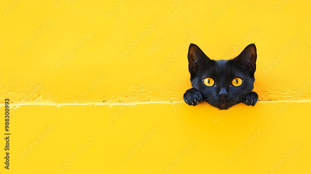 Black cat staring at bright yellow background Black cat staring at bright yellow background
