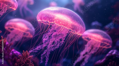 Neon colored jellyfish swimming in a glowing underwater world, marine life, dreamlike vibrant aquatic scene with bioluminescent creatures