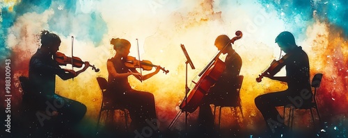 String quartet performing in an intimate venue, soft lighting, classical music concert, watercolor style