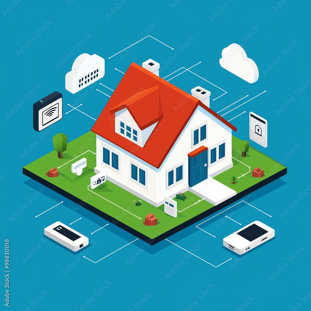 A colorful, modern illustration of a smart house surrounded by digital devices and connected clouds, showcasing a smart home ecosystem. A colorful, modern illustration of a smart house surrounded by digital devices and connected clouds, showcasing a smart home ecosystem.