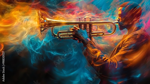 Trumpet blasting vivid, bold sound waves into a jazz bar, visualizing the impact of brass instruments Trumpet, Music, Sound, Jazz