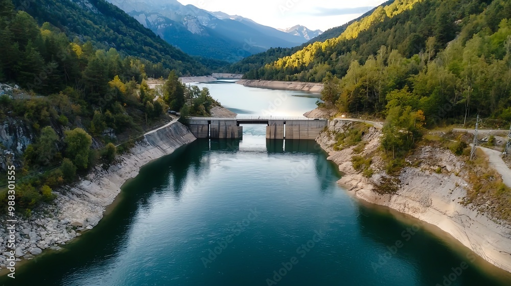 Aerial view of a futuristic dam with green tech elements, clean energy innovation, sustainable hydropower Aerial view of a futuristic dam with green tech elements, clean energy innovation, sustainable hydropower