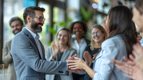 Team of business people showing recognition and appreciation to a young colleague. Smiling male manager shaking hands with a happy woman while others are applauding. Work recognitio