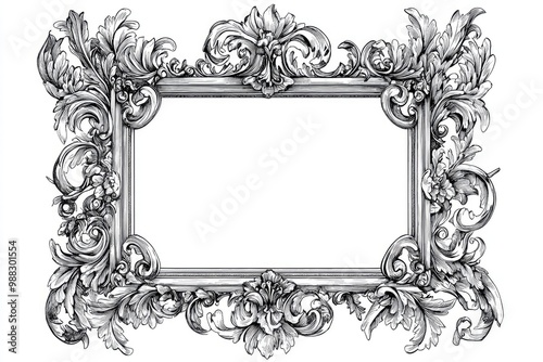 Beautiful monochrome linear 2D cartoon illustration suitable for an adult coloring book featuring an abstract rectangle ornate frame against a white background