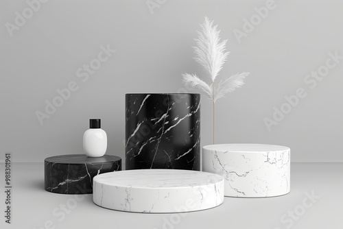 Black and white marble platforms, or podium, for product advertisement in the grey room, area. Template for ad campaign. Pedestal. Advertisement hoarding