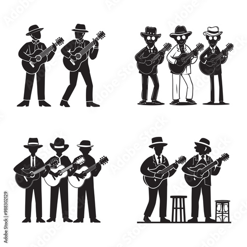 Black and white vector silhouettes set of musicians playing the guitar