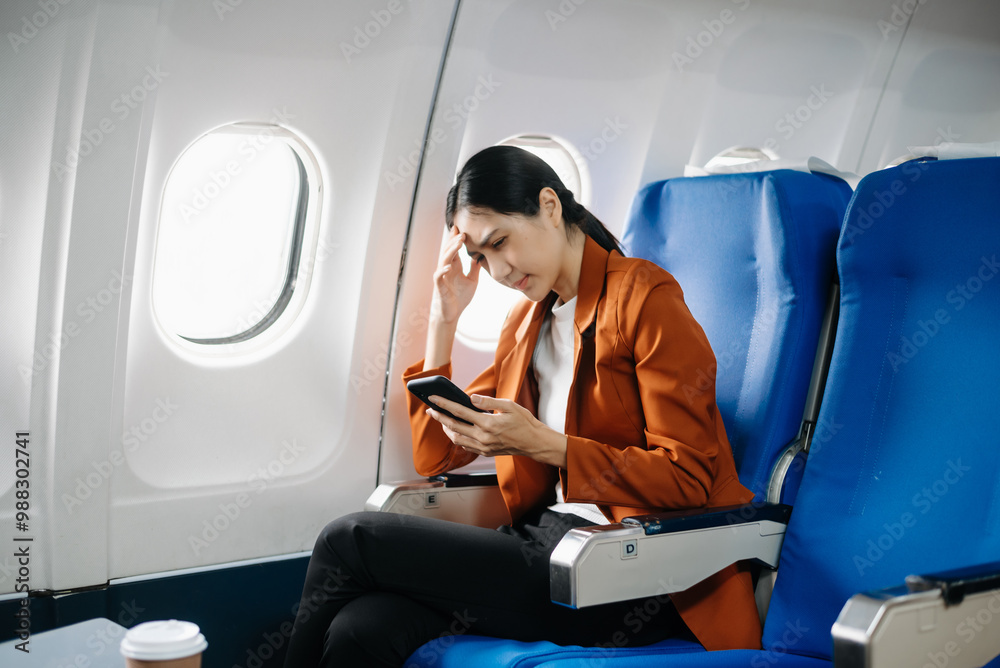 frustrated woman sitting on an airplane with her head in her hands. Asian woman sitting in a seat in airplane. frustrated woman sitting on an airplane with her head in her hands. Asian woman sitting in a seat in airplane.
