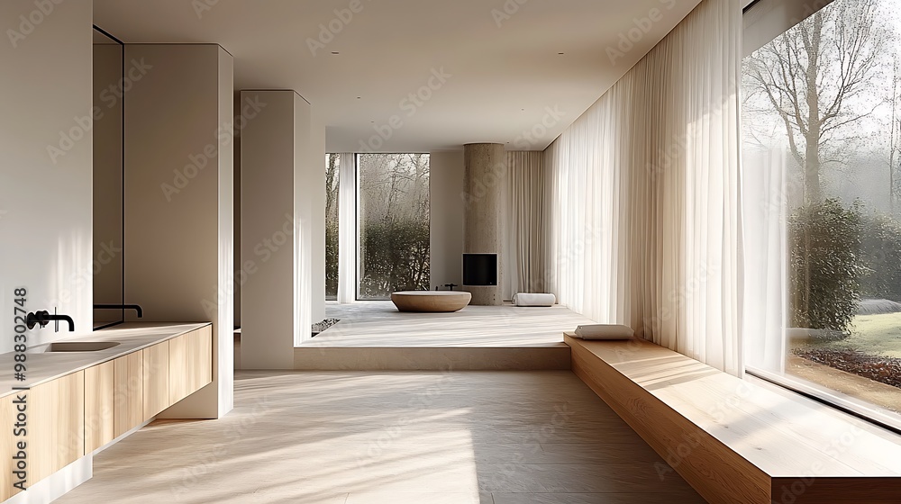 Fototapeta premium A bright Scandinavian bathroom with large panoramic windows, natural light filling the space, and minimalist white walls. Light wooden cabinetry and modern black fixtures add contrast,