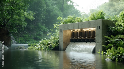 Concept art of a sustainable hydropower system, integrated into a lush green environment, innovative energy solution