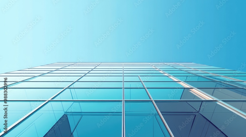 Modern Glass Building Facade Upward Perspective To Sky Blue And White Backdrop Modern Glass Building Facade Upward Perspective To Sky Blue And White Backdrop