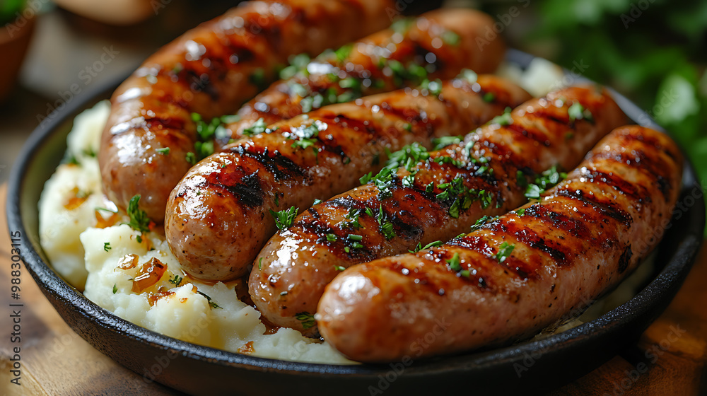 Grilled pork sausages served with mashed potatoes and caramelized onions Grilled pork sausages served with mashed potatoes and caramelized onions