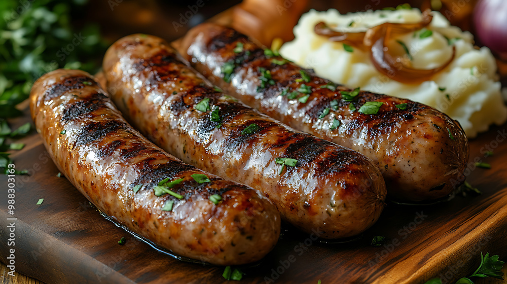 Grilled pork sausages served with mashed potatoes and caramelized onions Grilled pork sausages served with mashed potatoes and caramelized onions