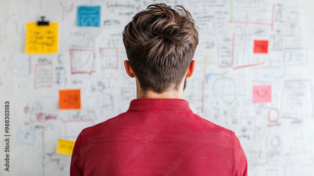 Man Looking at Whiteboard with Sticky Notes and Diagrams Man Looking at Whiteboard with Sticky Notes and Diagrams