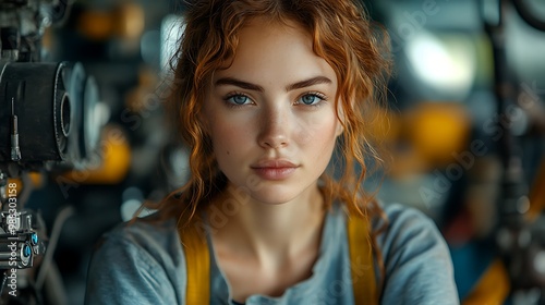 A young woman with curly hair poses thoughtfully in an industrial setting.