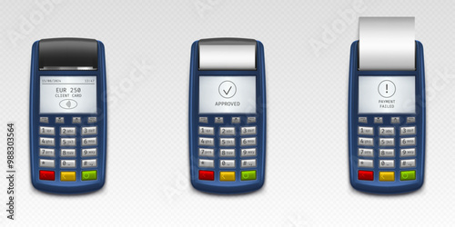 POS terminals set isolated on transparent background. Vector realistic illustration of payment terminal top view, buttons, text on display, paper receipt, banking device for cashless money transfer