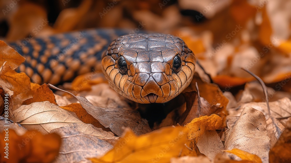 A close-up of a snake among autumn leaves. A close-up of a snake among autumn leaves.